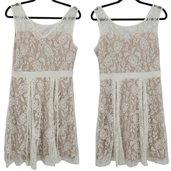 Candalite Dress Bridal Nude Lined White Lace Overlay Illusion Fit & Flare Sz L - Picture 1 of 10